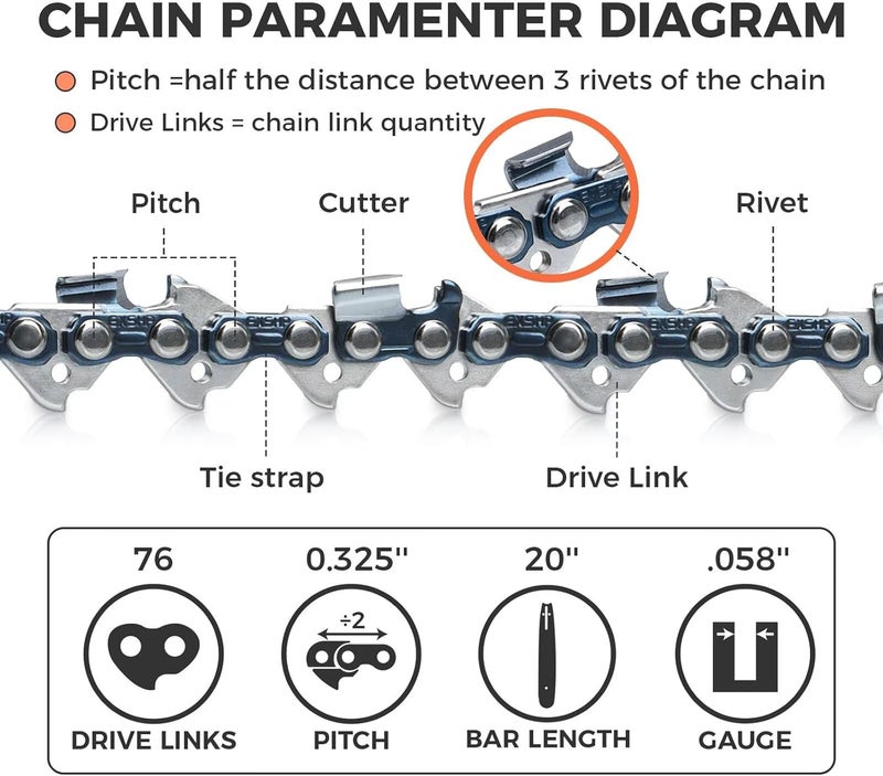 EXSHP 20 Inch Chainsaw Chain .325" Pitch .058" Gauge 76 Drive Links for Blue Max 53543, 8901, 8902 (3 Packs) (21YOP-6) - Image 2